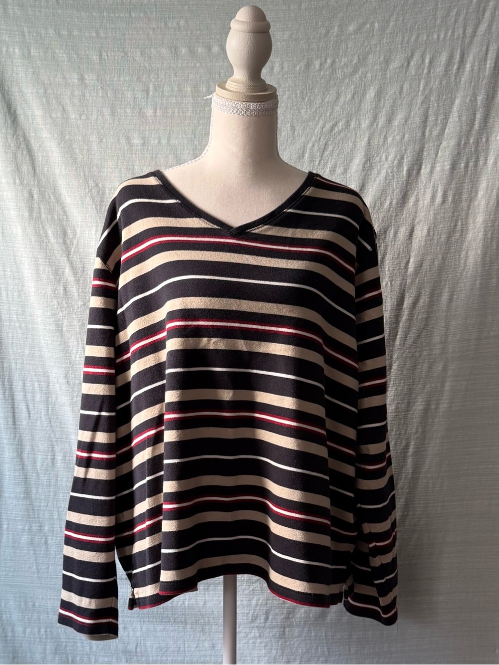 Striped V-Neck Long Sleeve Sweater in Black, Cream & Red